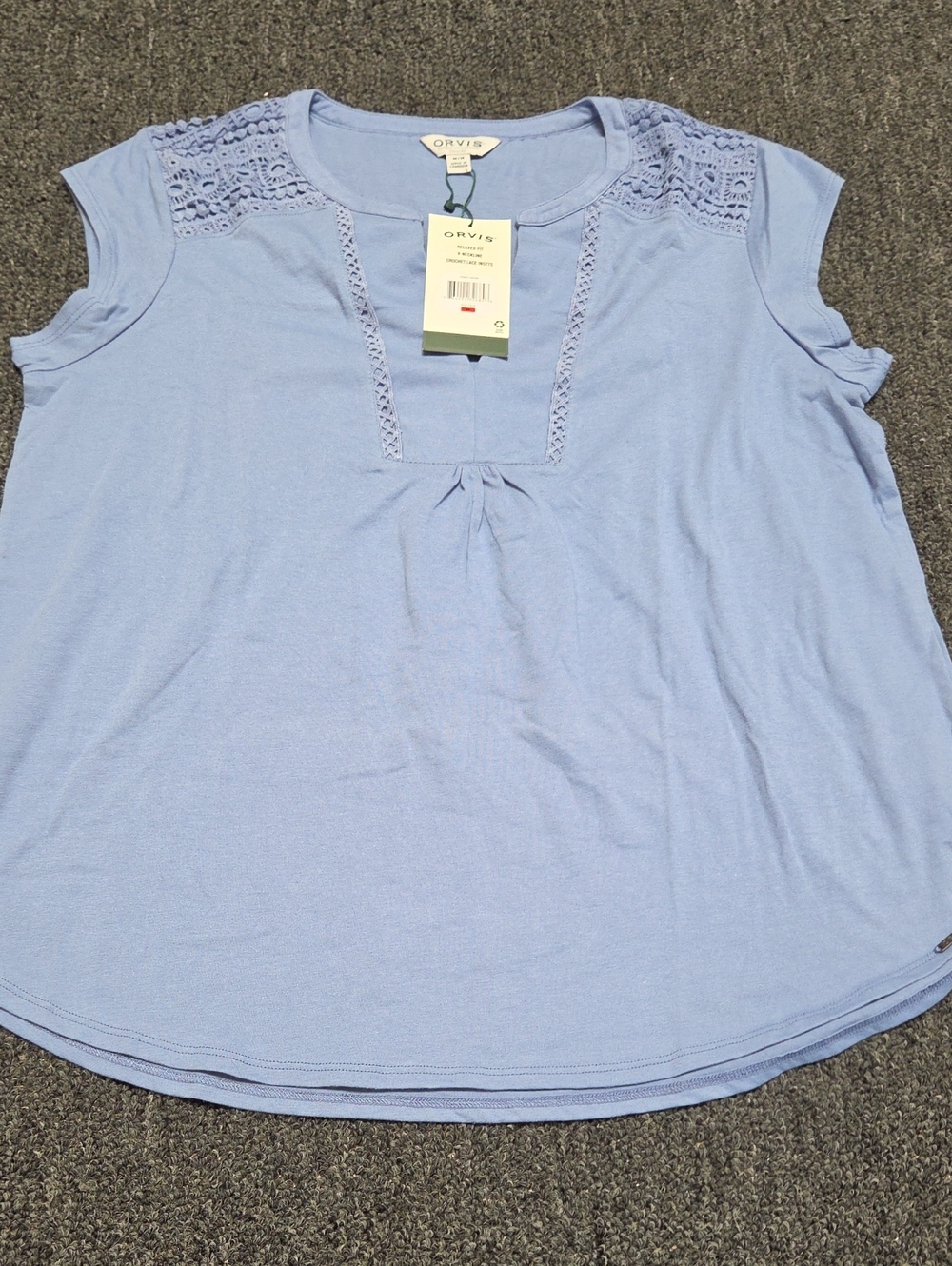 (#5C) Orvis Light Blue Crochet-Trim Short Sleeve Tee